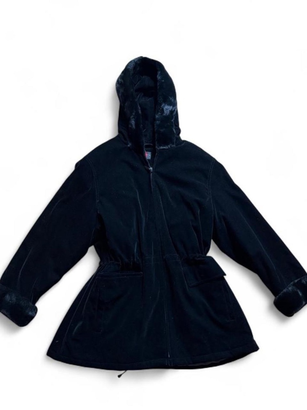 Y2K Black velvet faux fur lined coat with hood